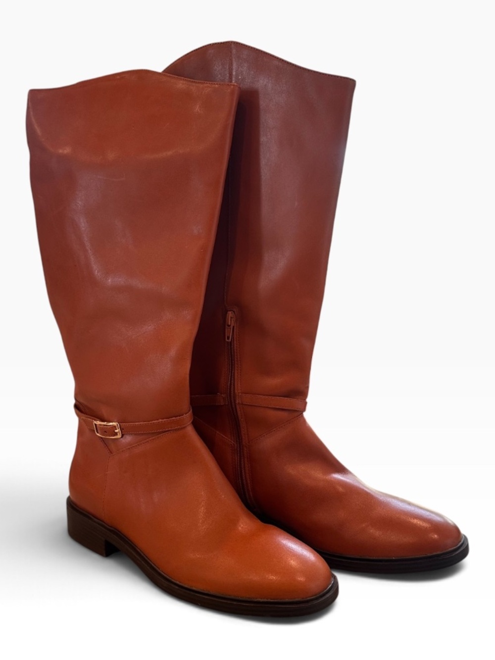 NIB Arezzo Roast Caramel Brown Leather Low Heel Knee High Riding Boots Size 10.5